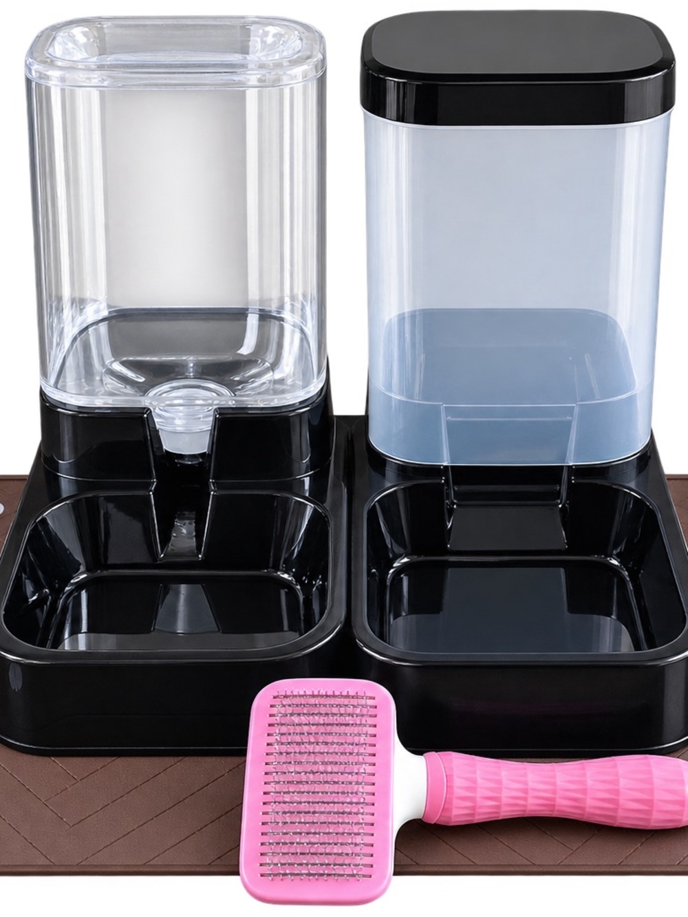 Dual-Pet Feeder & Waterer with Pink Grooming Brush